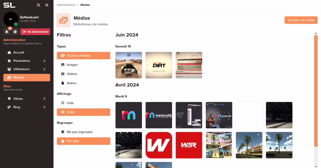 Admin interface on the gallery page. Grid layout ordered by date.