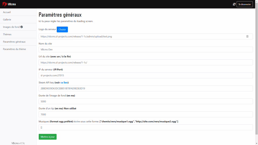 Settings page