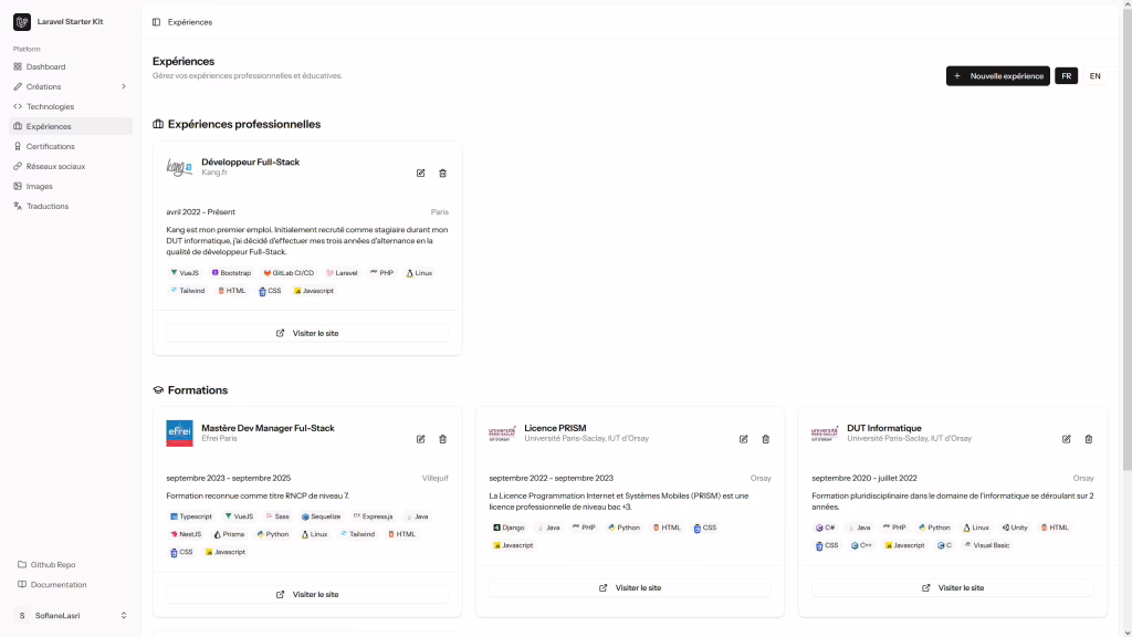 Page des expériences - Backoffice