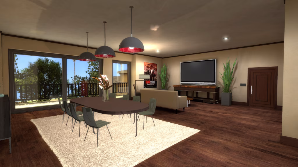 Salon et table à manger avec vue sur l'extérieur