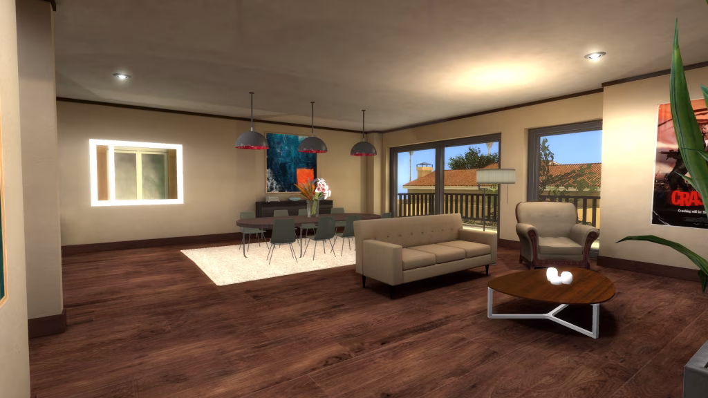 Vue du salon et de la table à manger avec vue extérieur (inverse)