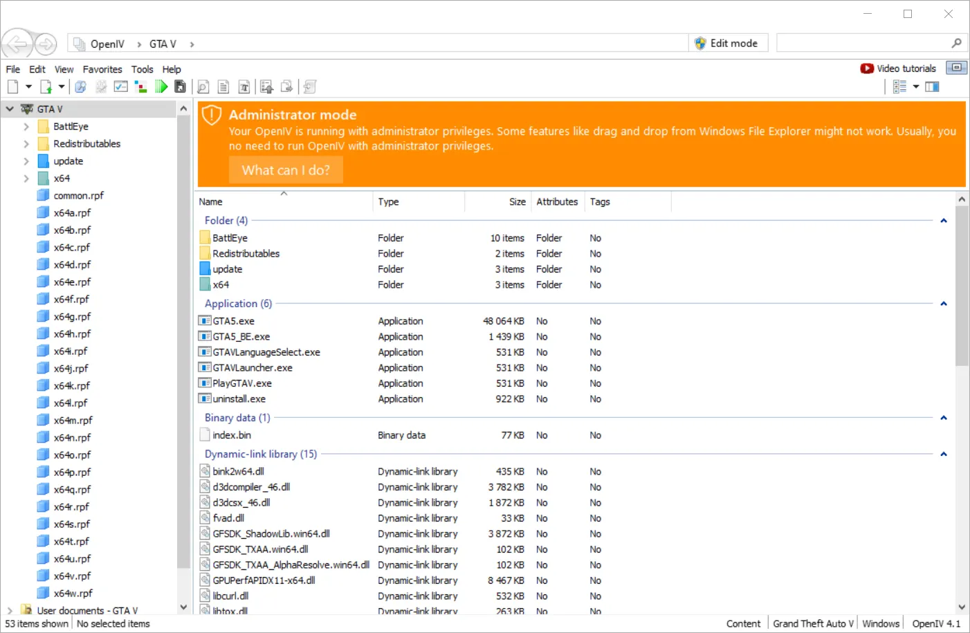 OpenIV ouvert à la racine du jeu